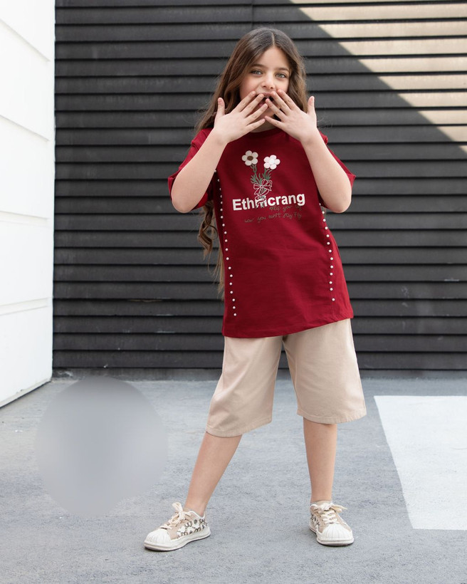 ست تیشرت شلوارک بچگانه تیشرت زرشکی